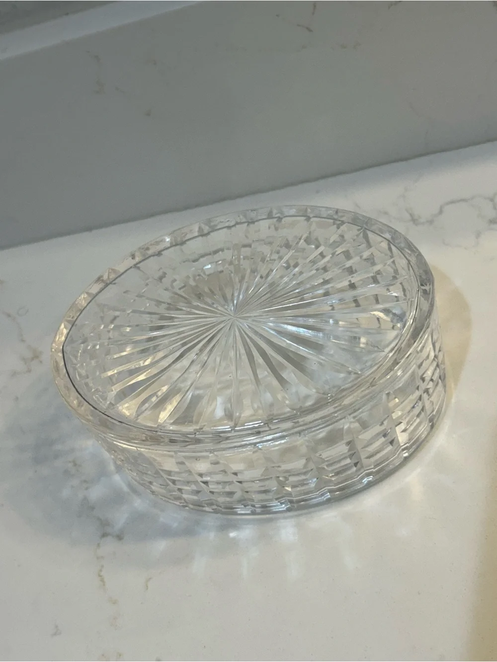 Crystal Glass Trinket Lidded Box intricate faceted panels with Pale Pink Ribbon
